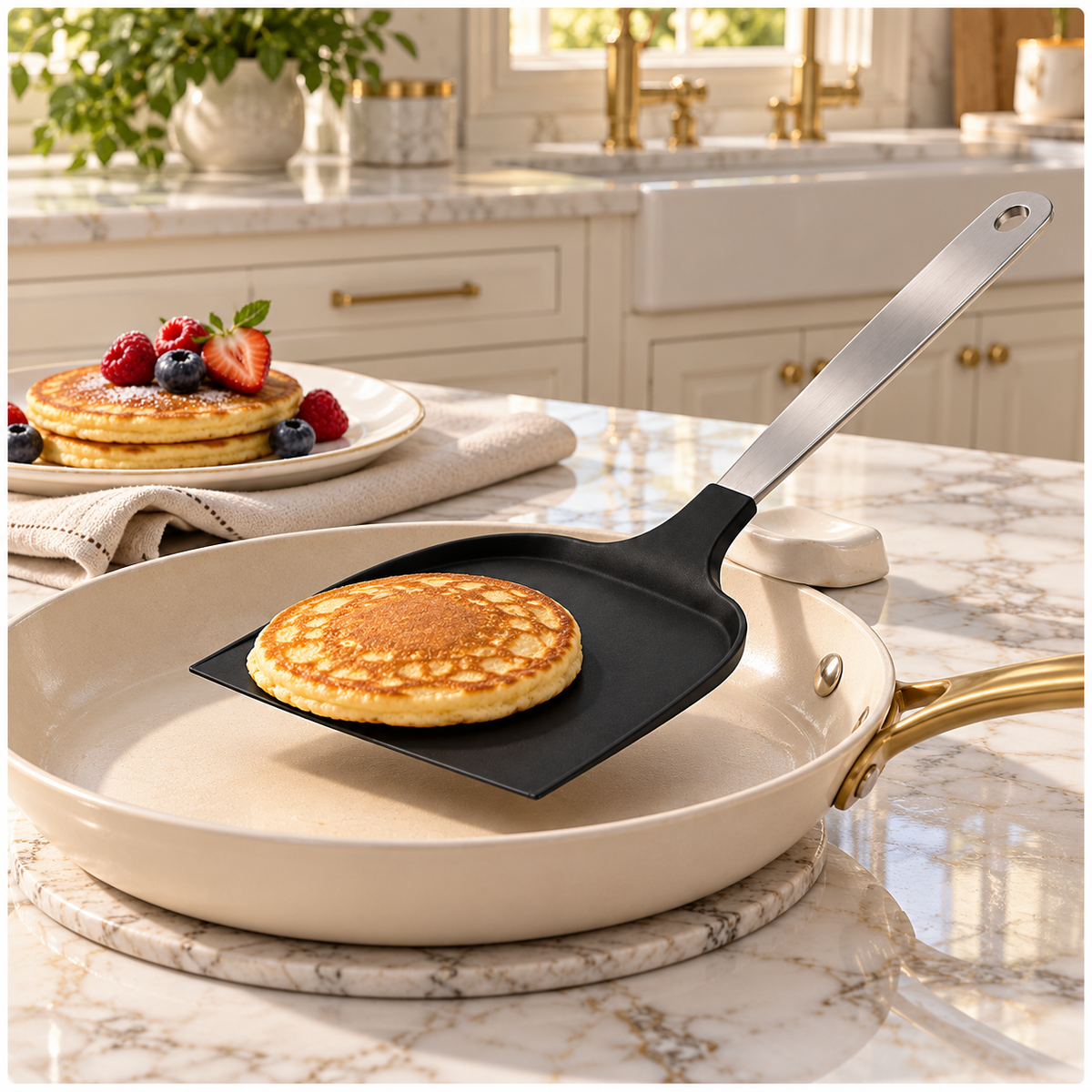 Wide Pancake Turner Spatula–Flexible Head and Stainless Steel Handle, 32 cm