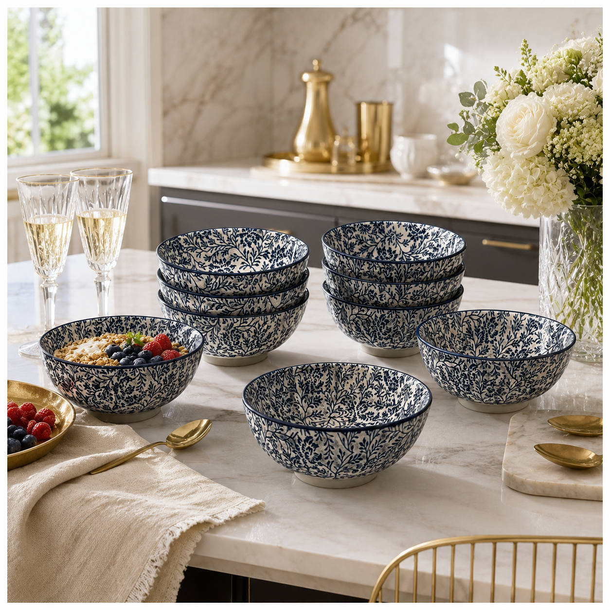 Elegant 8-Piece Blue Floral Porcelain Bowl Set – 13 cm
