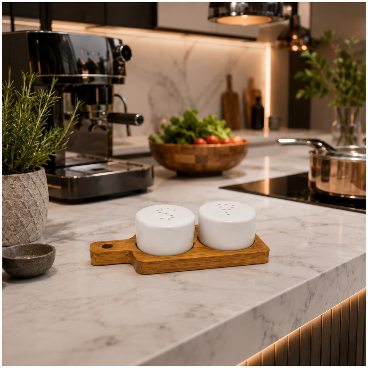 Classic Salt and Pepper Shakers with Bamboo Board – 3 Piece Porcelain Set
