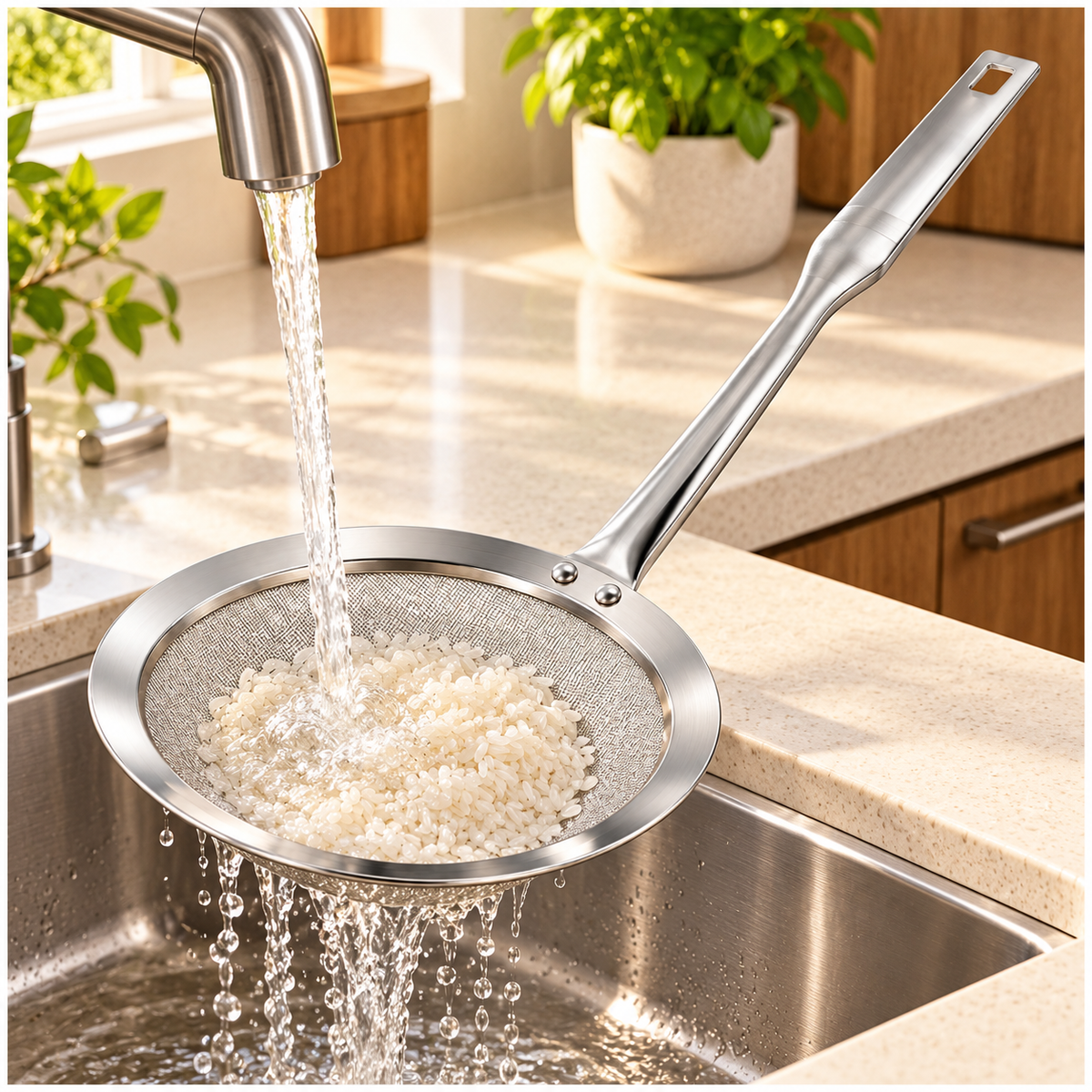Stainless Steel Fine Mesh Strain Skimmer with Long Flat Handle – Silver