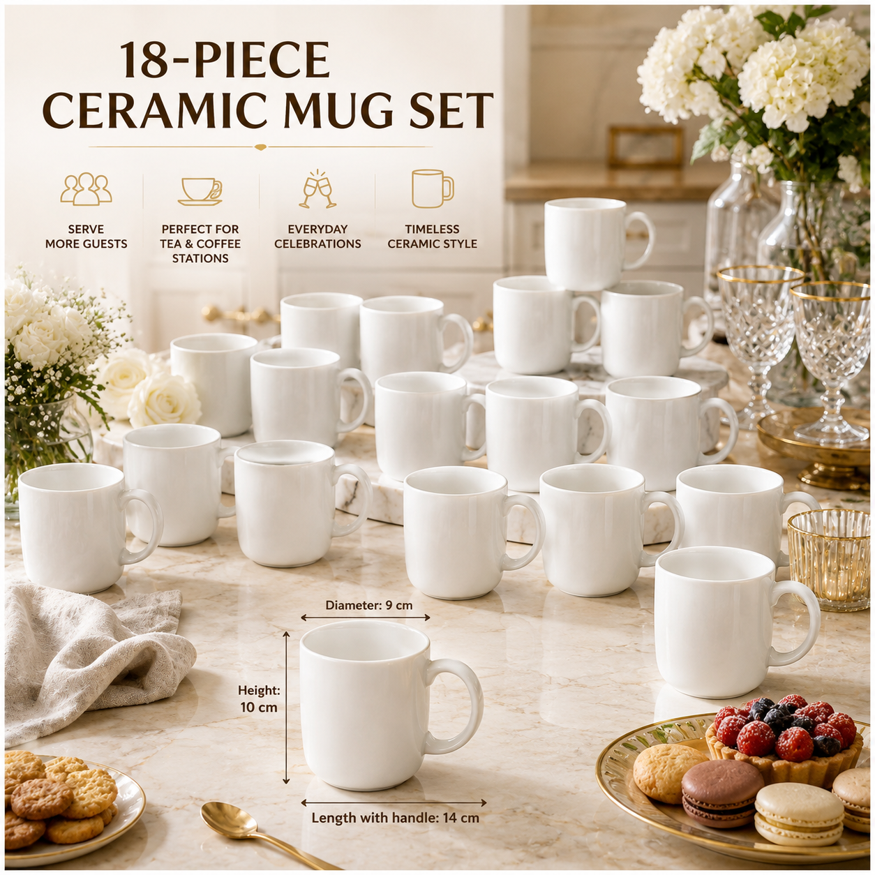 Essential 18-Piece White Ceramic Mug Set for Tea, Coffee and Entertaining