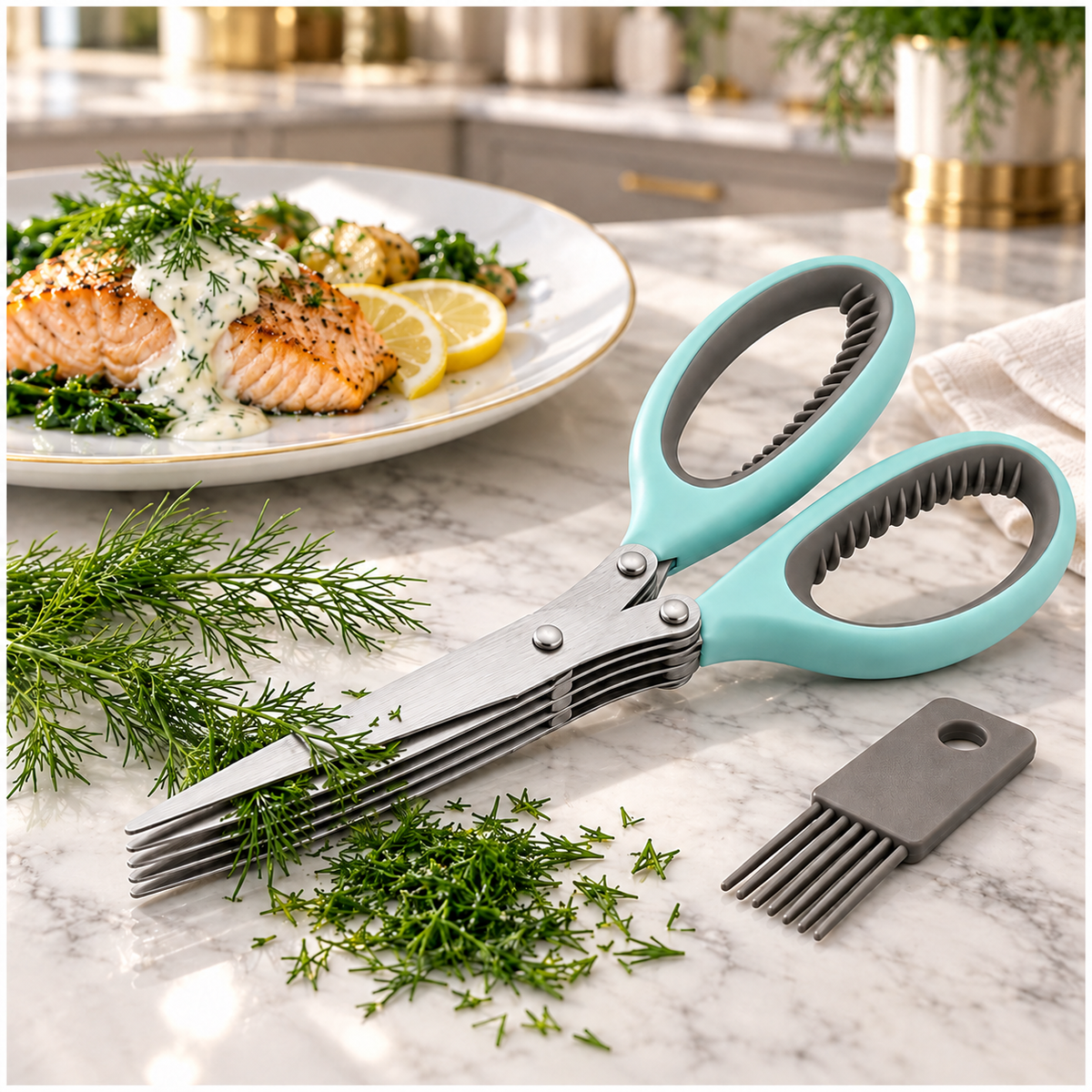 Multi-Blade Herb Scissors and Cleaning Comb Set-2 Piece ,Blue and Grey-20cm