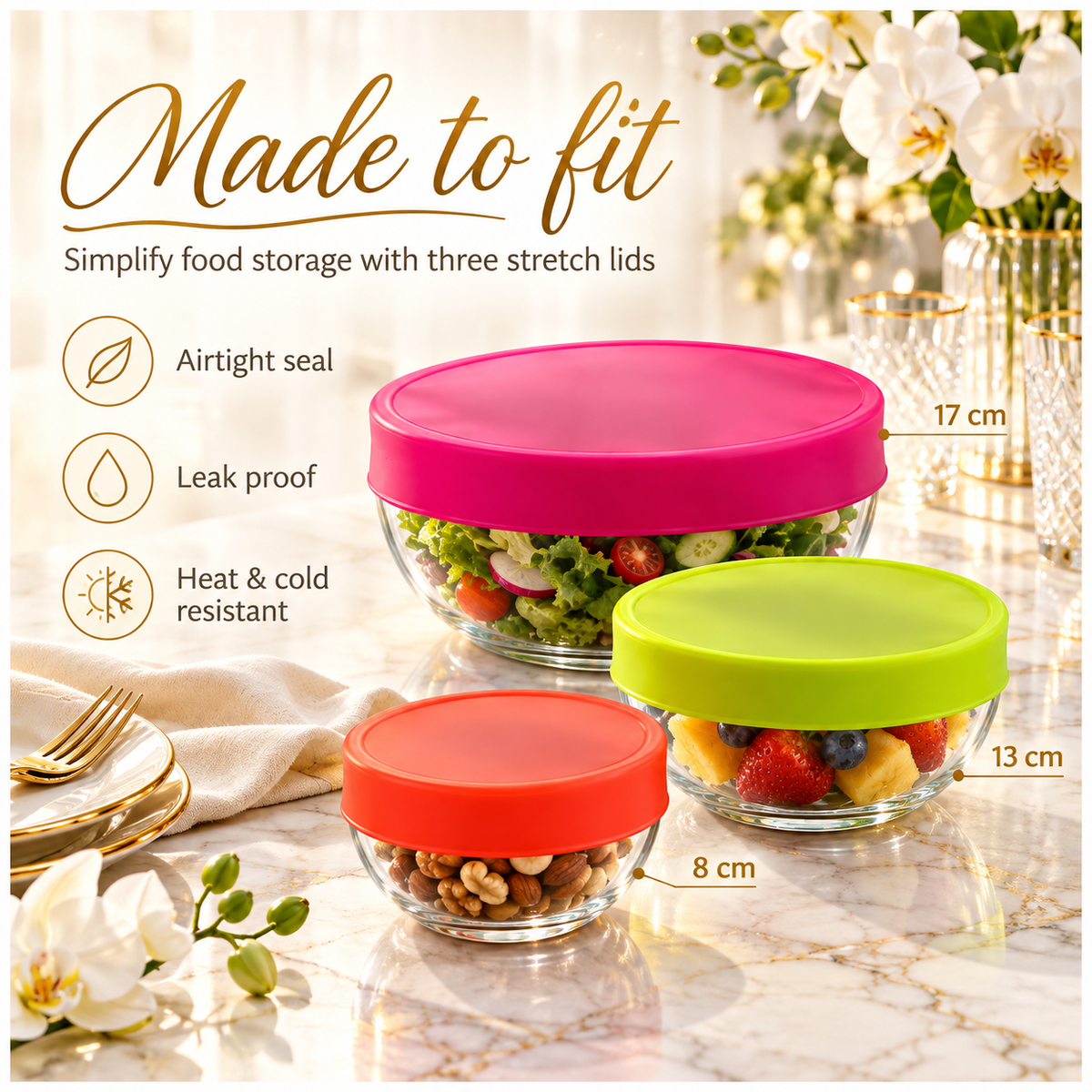 Flexible Silicone Stretch Lids 3-Piece Set | Airtight Food Covers, 8–17 cm