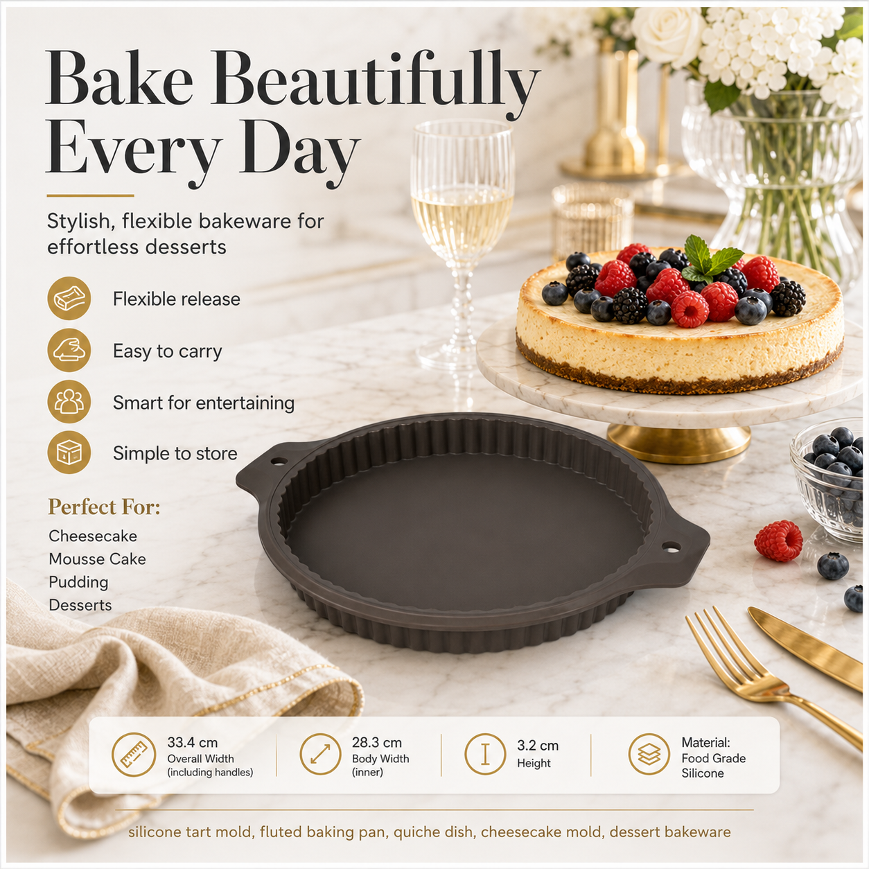 Essential Round Fluted Tart and Quiche Mold -33.4 x 28.3 x 3.2cm - BPA free