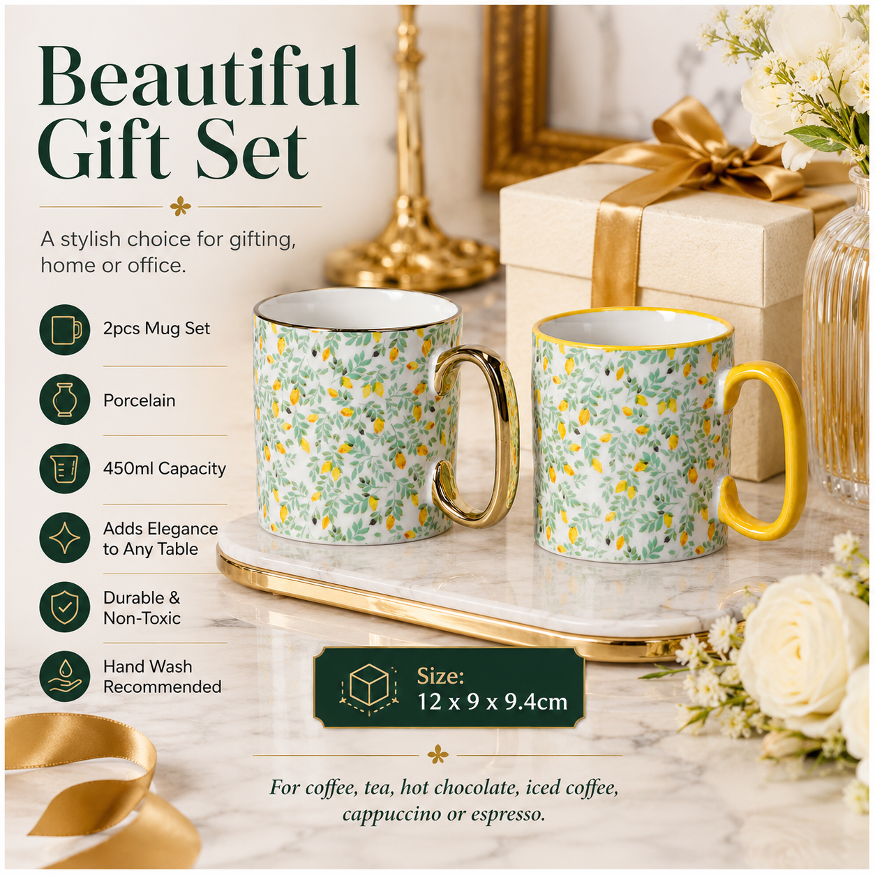 2-Piece Floral Porcelain Coffee Mug Set–Elegant Hot and Cold Beverage Mugs