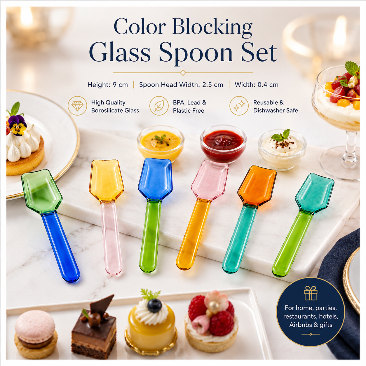 High Quality BPA Free-Color Blocking Borosilicate Glass Spoon-Set of 6- 9cm
