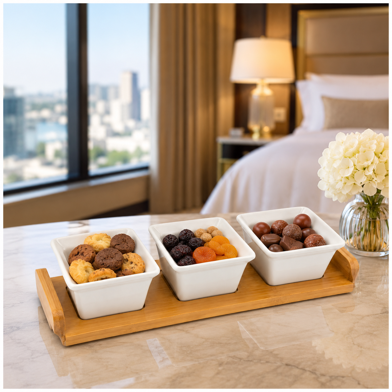 Elegant 4-Piece Ceramic Snack Serving Bowls with Bamboo Tray- 33 x 12 cm