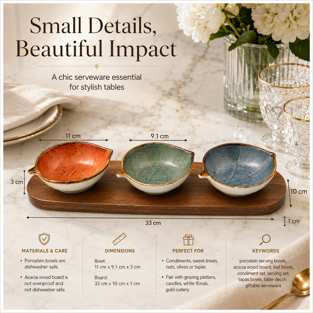 Elegant 4-Piece Leaf Bowl Serveware Bowls Set With Acacia Board - 33 cm