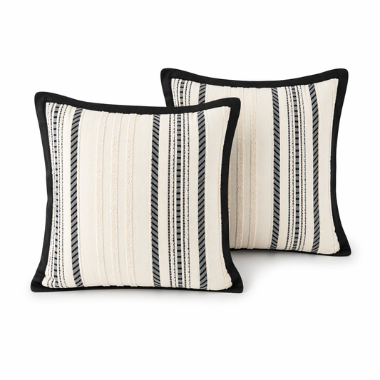 Textured Corduroy Cushion Cover-Set of 2– Black Cream Striped – 45 x 45 cm