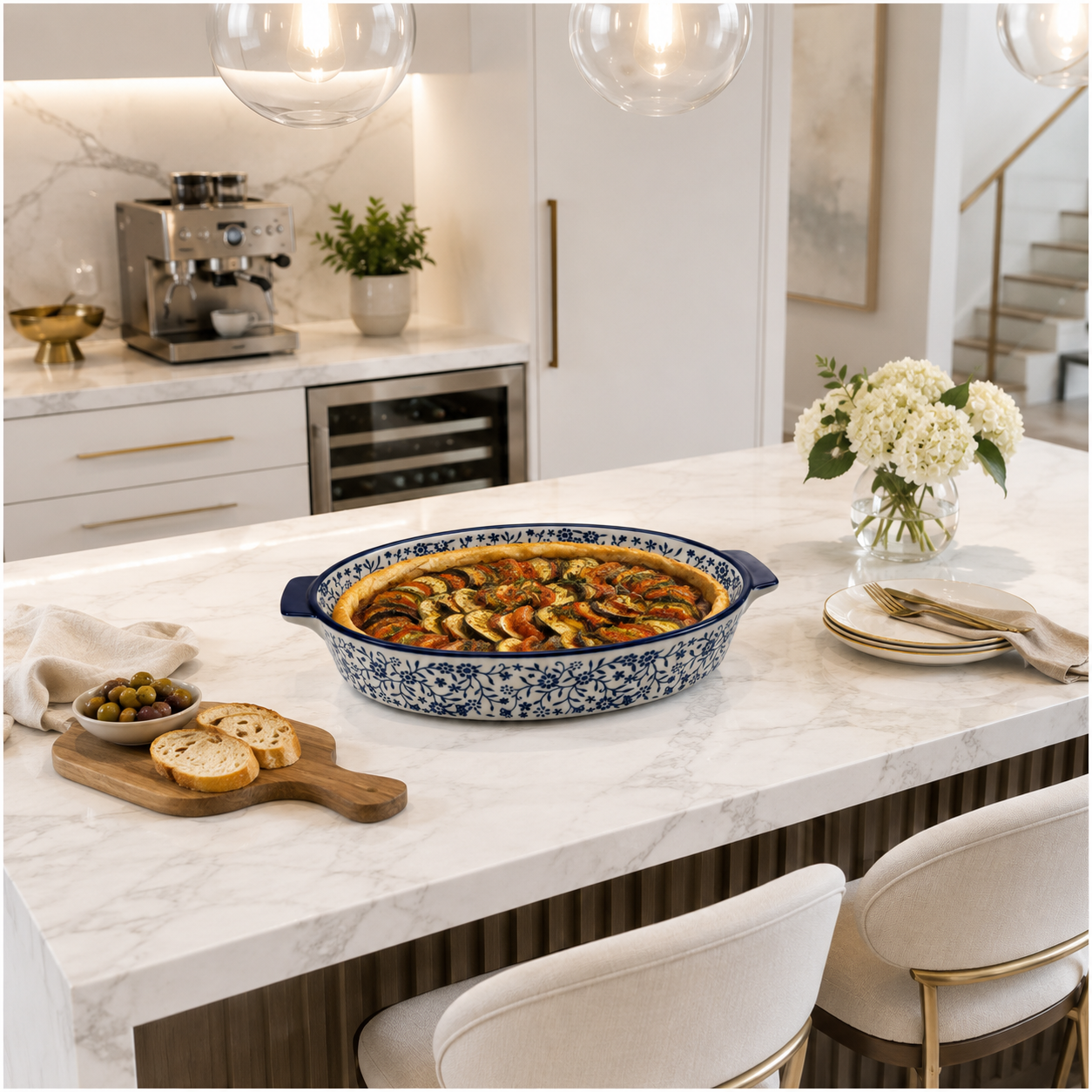 33cm Blue Floral Porcelain Oval Baking Dish with Handles