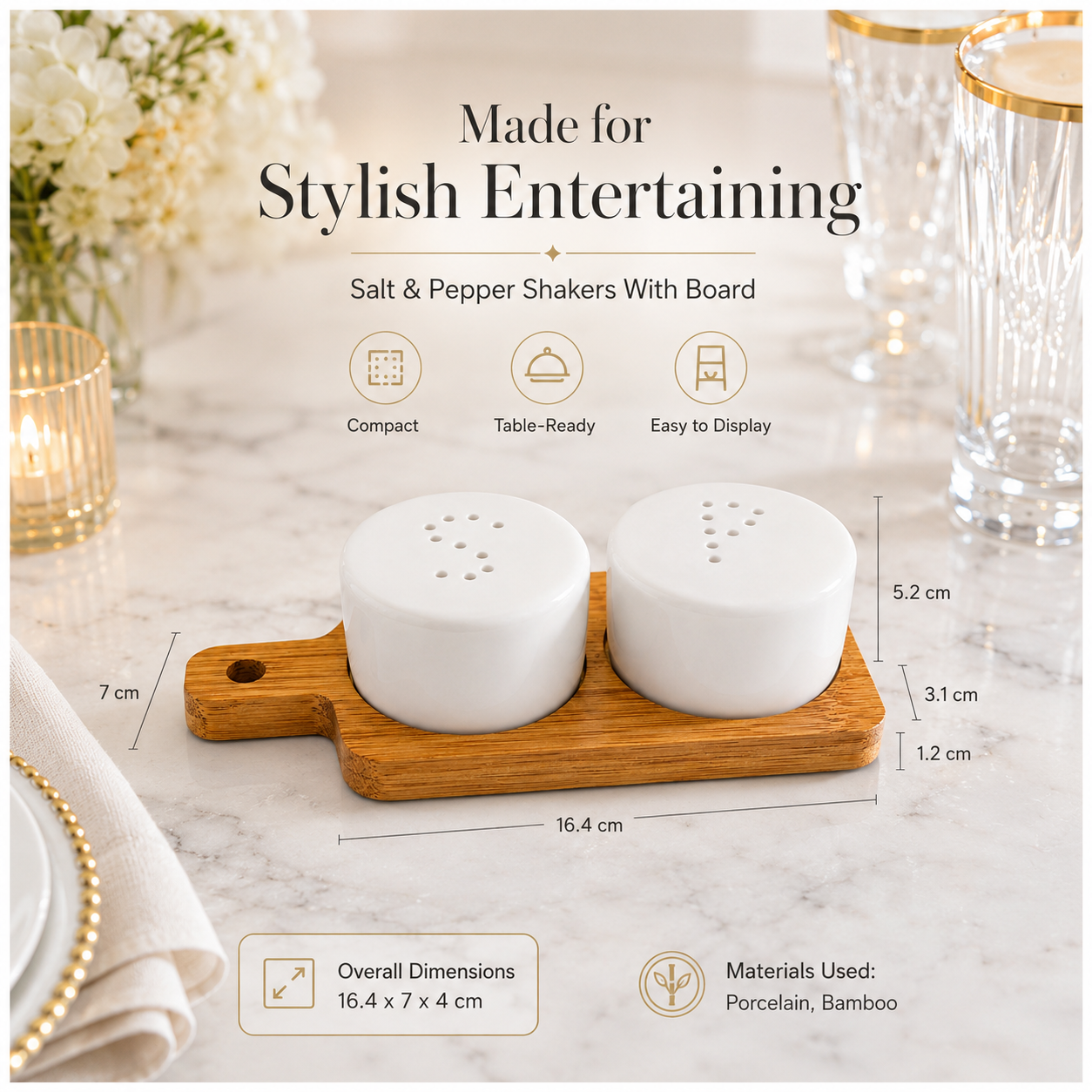 Classic Salt and Pepper Shakers with Bamboo Board – 3 Piece Porcelain Set