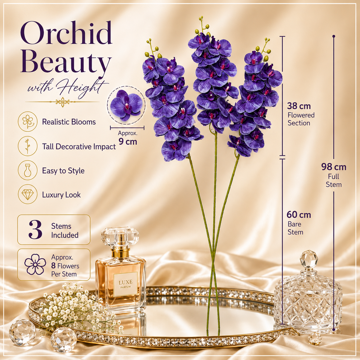 3 Piece Decorative Orchid Stem Set – Beautiful Tall Flowers -98 cm