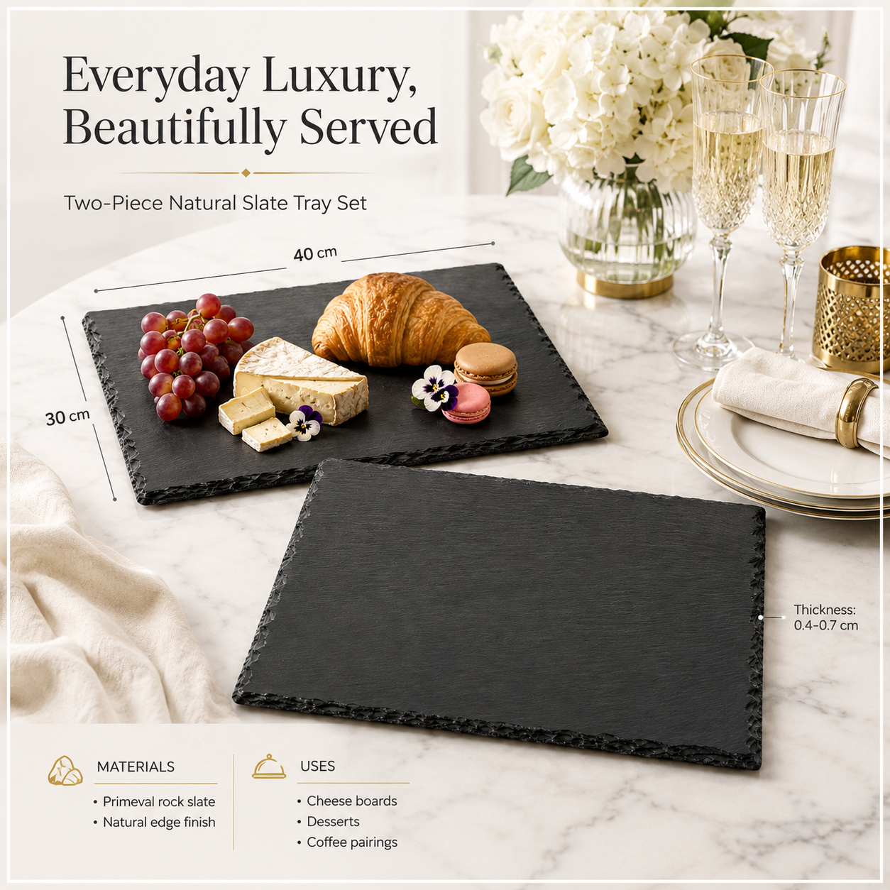 Elegant Two-Piece Natural Stone- Slate Serving Tray Set – 40 x 30cm