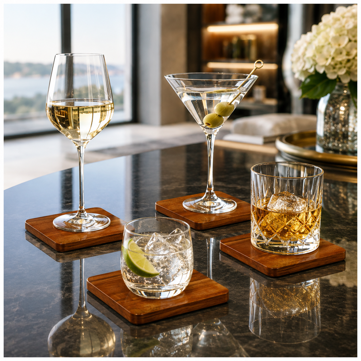 4-Piece Acacia Wood Coaster Set – Brown Wooden Drink Coasters- Eco Friend