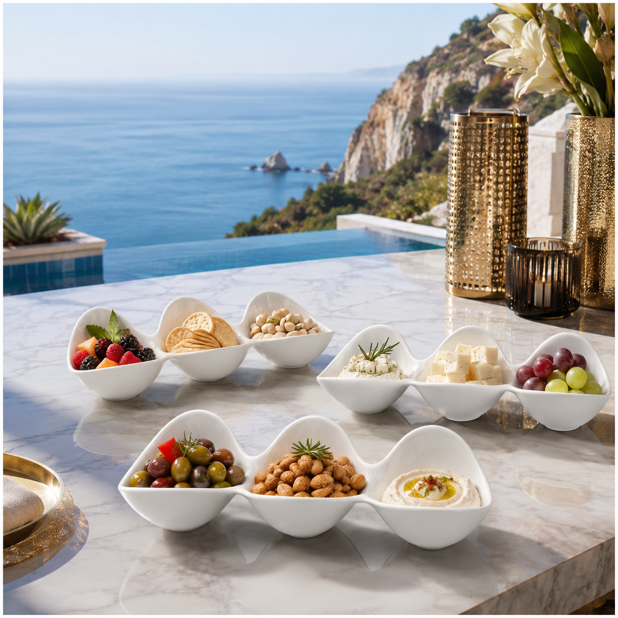 3-Piece White Melamine Triple Bowl Serving Set – 3 x 3-Compartment Bowls