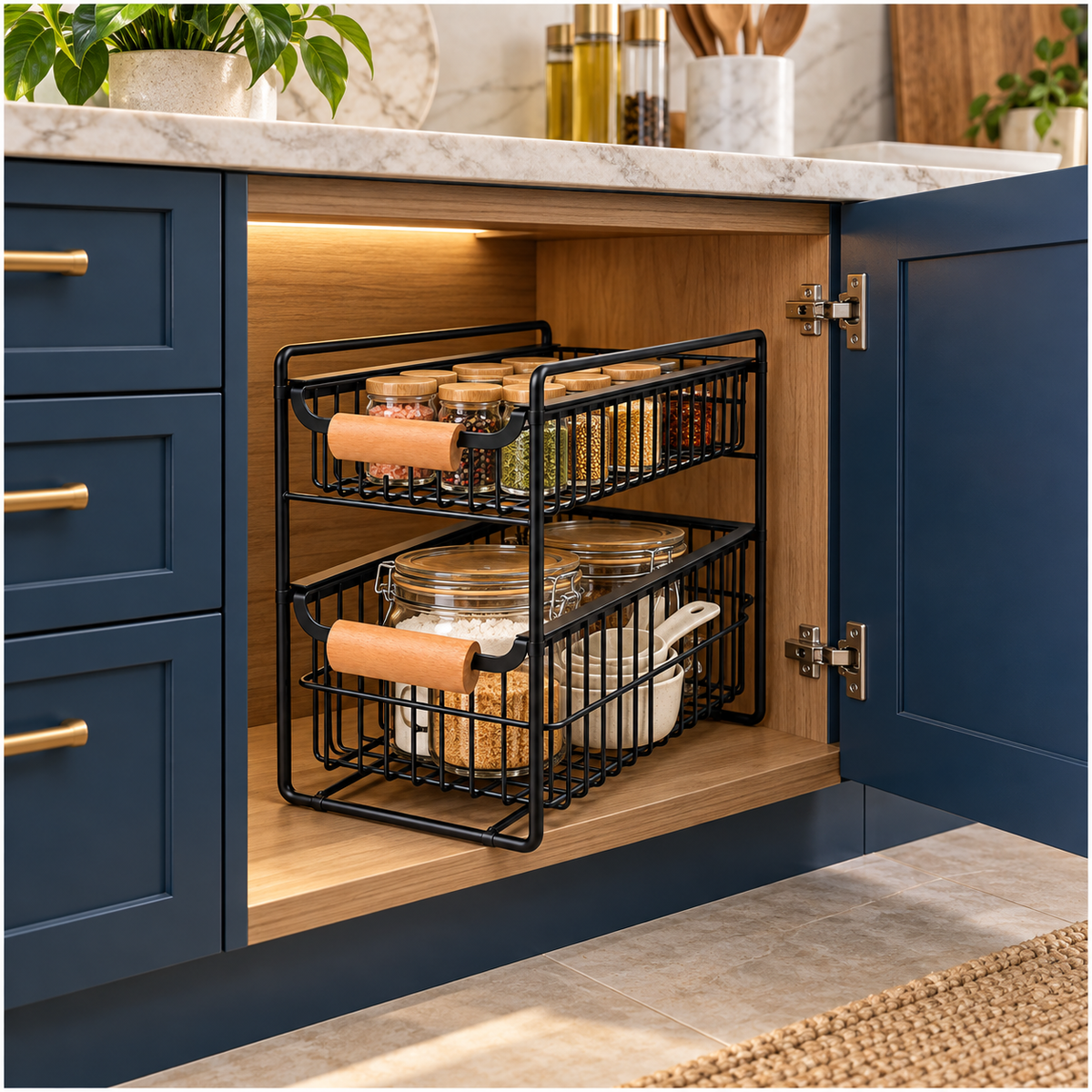 2-Tier Iron Drawer Organiser with Beechwood Handles for Convenient Storage