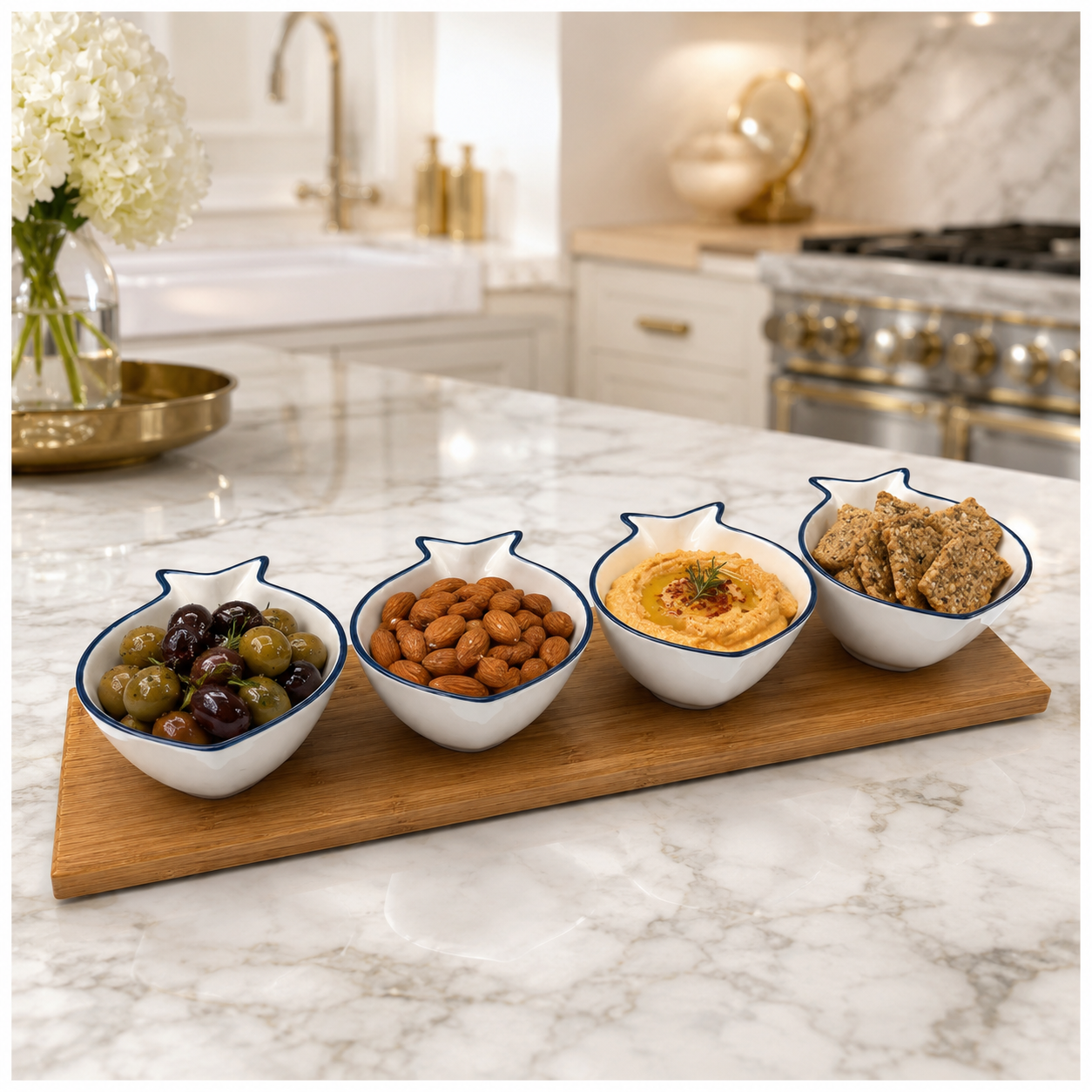 Ceramic Fish Shaped Snack Serving Bowl Set with Acacia Wooden Tray -5 Piece