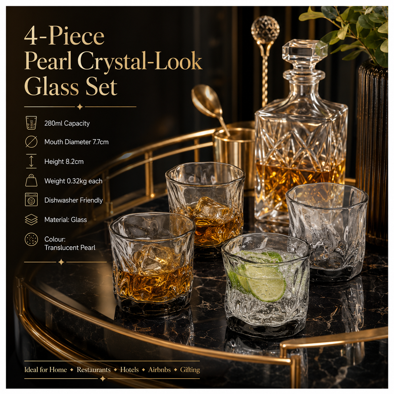 Luxury 4-Piece Translucent Black Crystal-Look Glass Set – 280ml