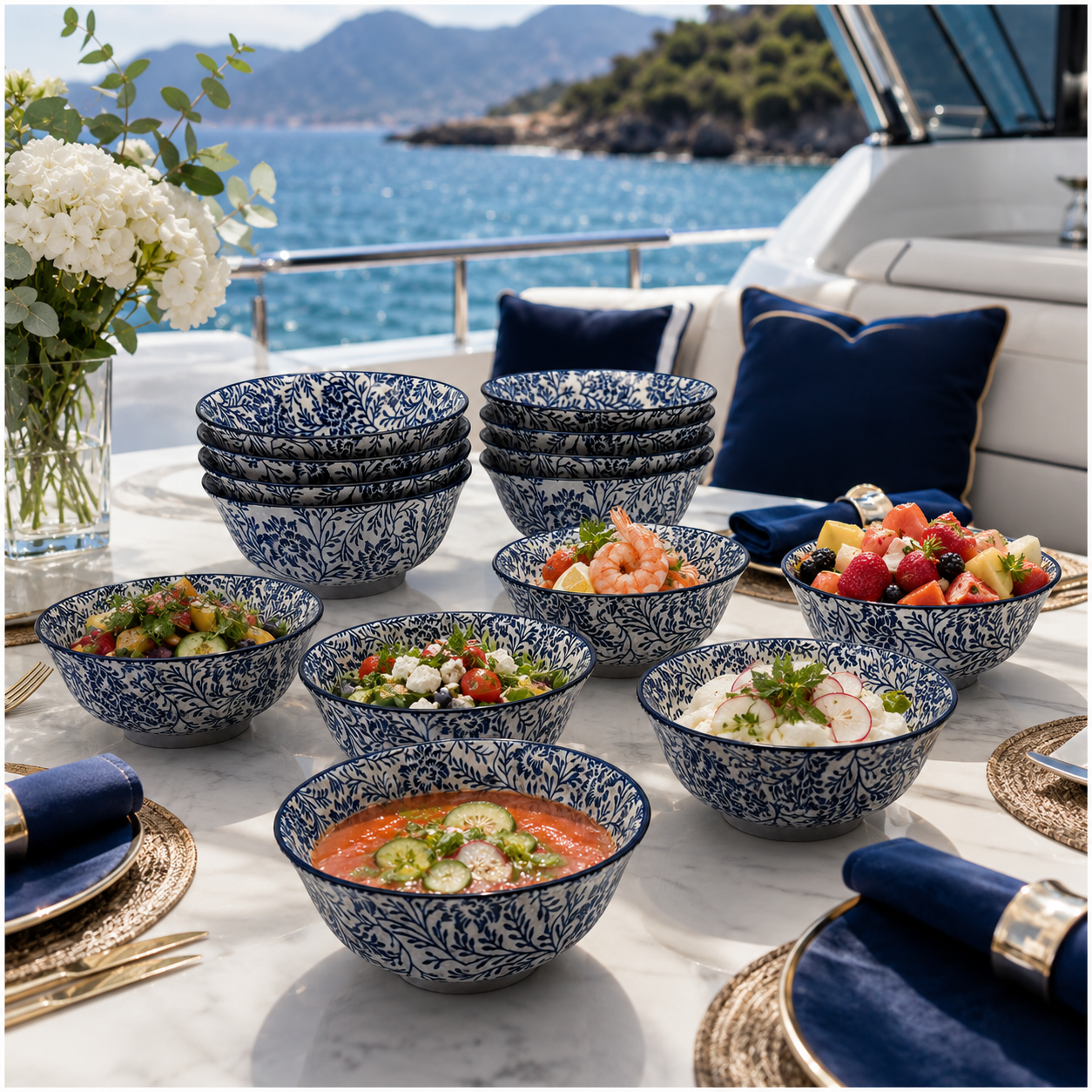 Elegant 10-Piece Blue White Porcelain Bowl Set - Beautiful Floral Serveware
