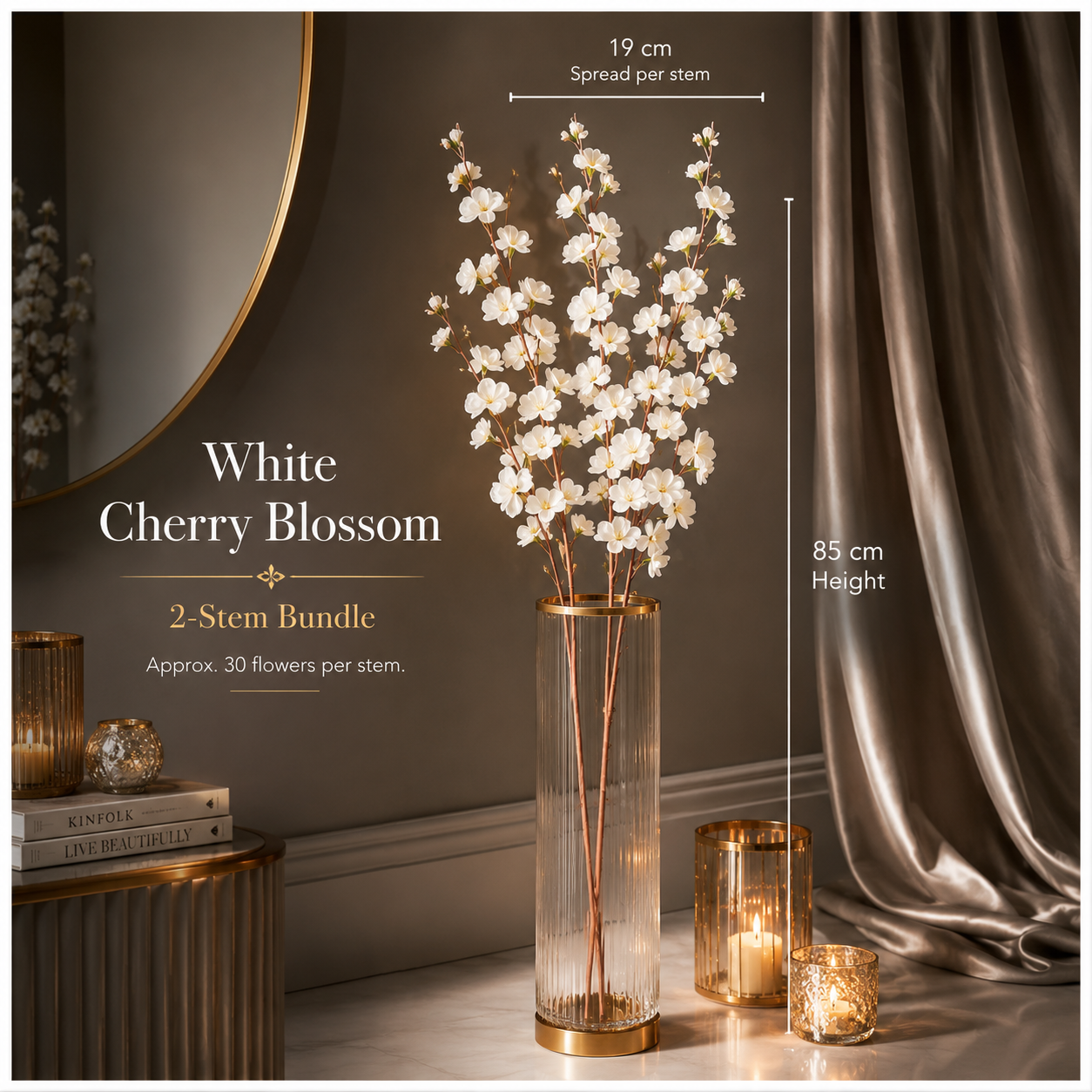Beautiful Cherry Blossom Stems – 85cm, 2-Pack, White or Pink Lilac