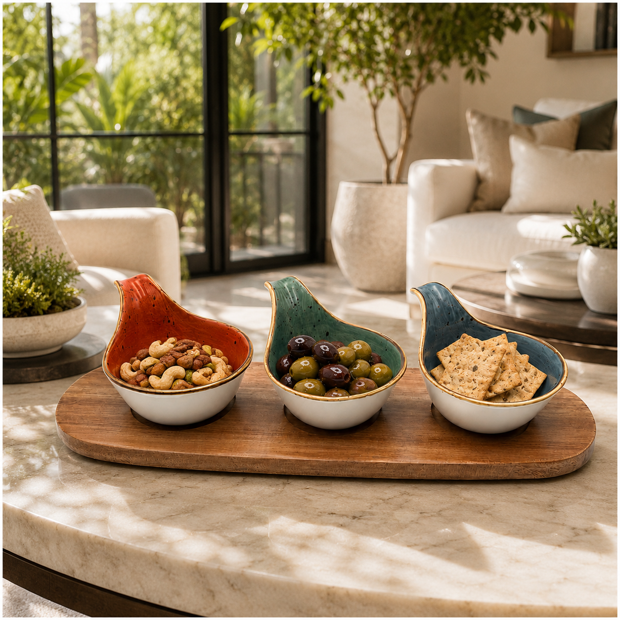 Elegant 3-Piece Ceramic Snack Bowl Set with Acacia Wood Serving Board