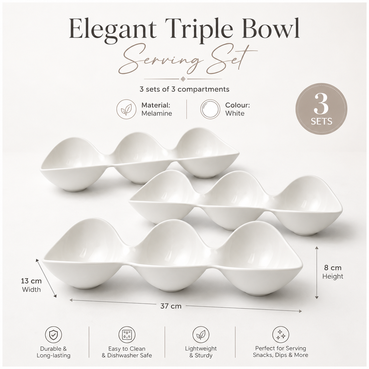 3-Piece White Melamine Triple Bowl Serving Set – 3 x 3-Compartment Bowls