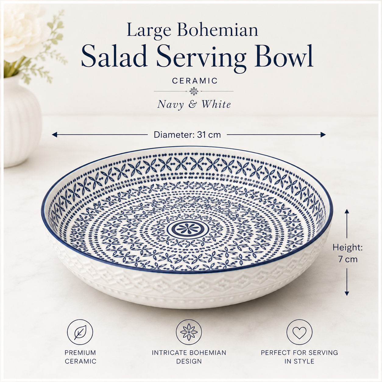 Luxury Large Ceramic Salad Serving Bowl 31cm–Navy and White -Floral Design