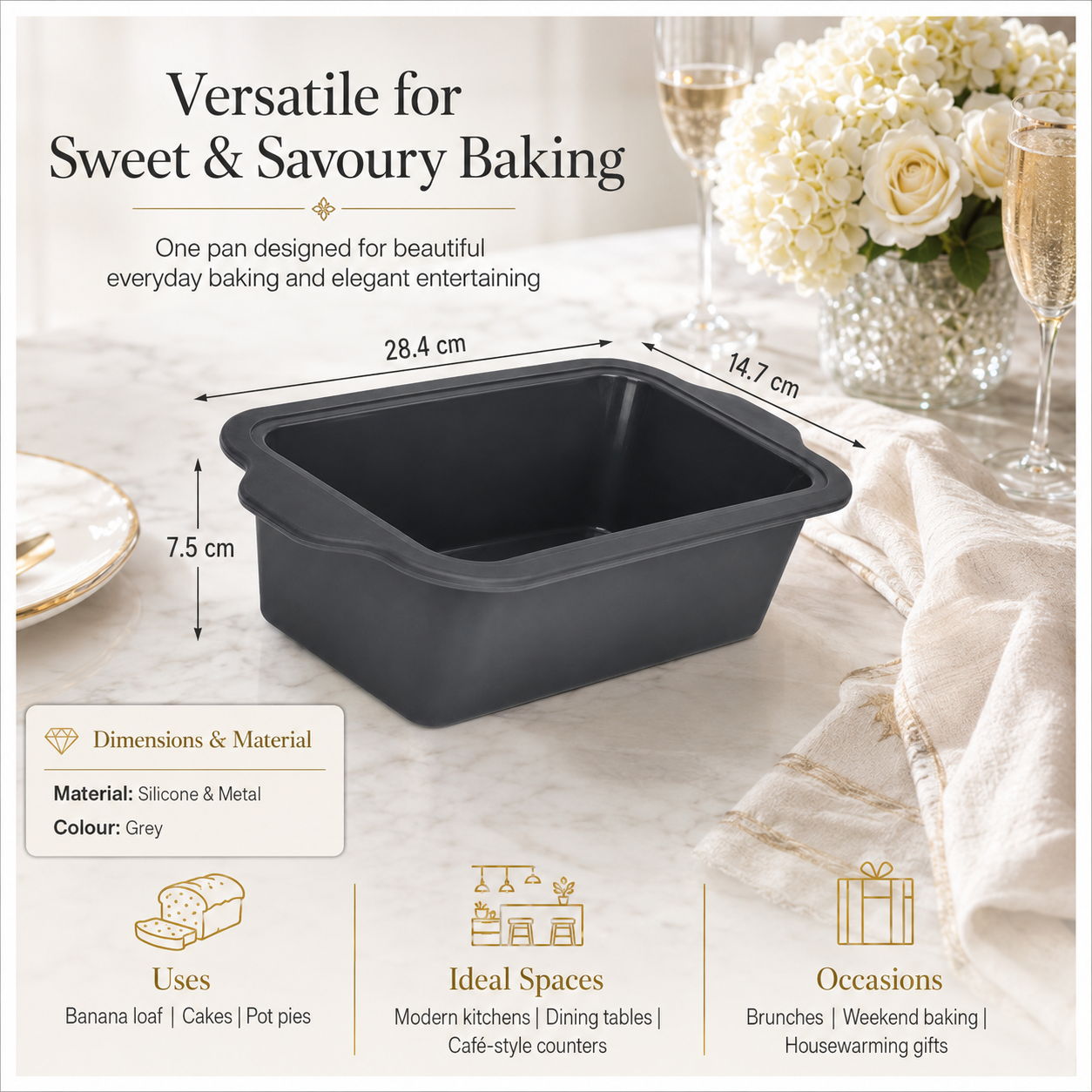 Essential Grey Reinforced Silicone Loaf Pan – BPA Free Baking Mould - 24cm
