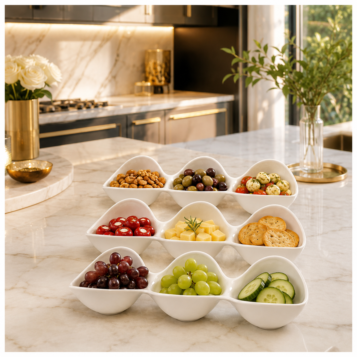 3-Piece White Melamine Triple Bowl Serving Set – 3 x 3-Compartment Bowls