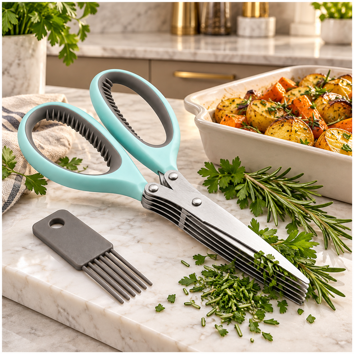 Multi-Blade Herb Scissors and Cleaning Comb Set-2 Piece ,Blue and Grey-20cm