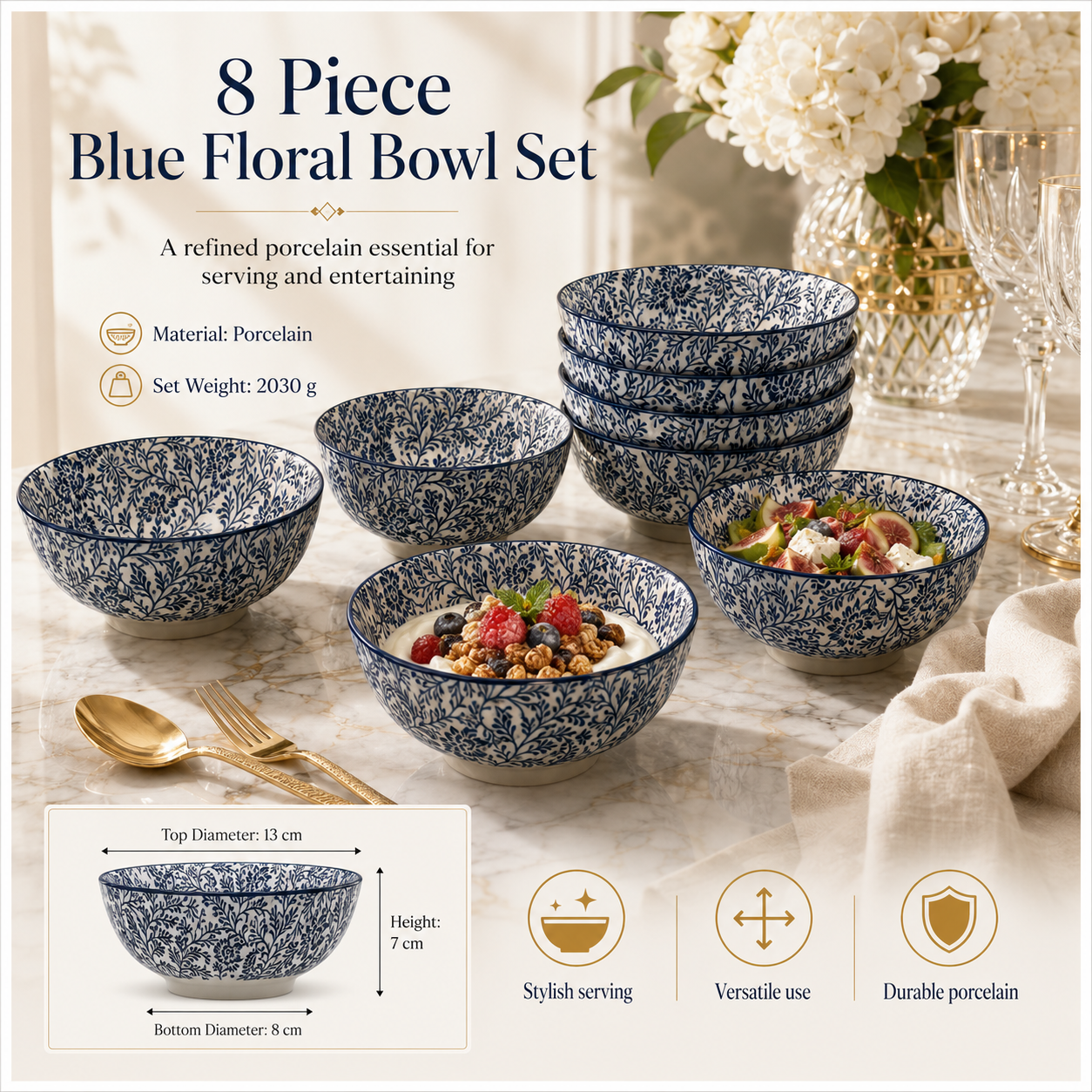 Elegant 8-Piece Blue Floral Porcelain Bowl Set – 13 cm