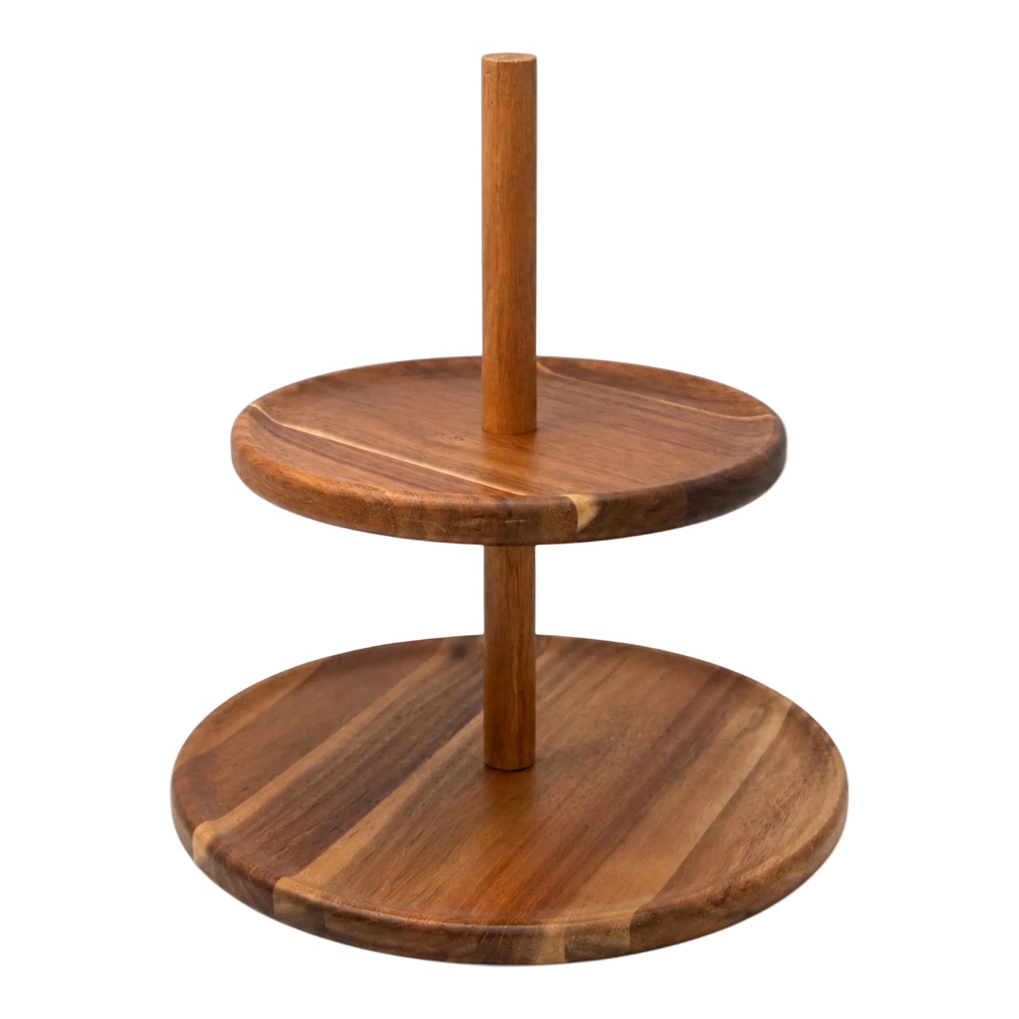 Natural acacia wood 2-tier round serving platter and display stand against a white background.

