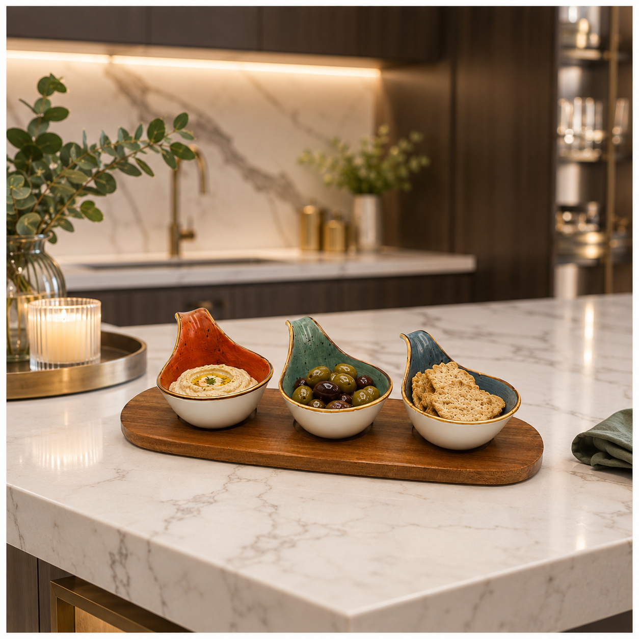 Elegant 3-Piece Ceramic Snack Bowl Set with Acacia Wood Serving Board