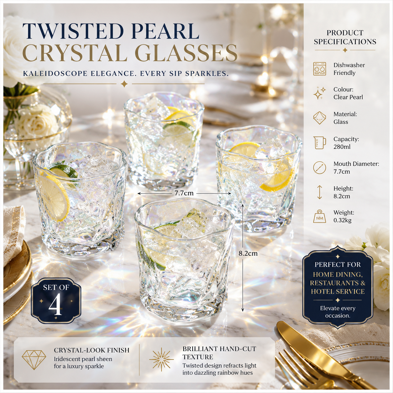 Luxury 4-Piece Twisted Shining Pearl Crystal-Look Glass Set – 280ml