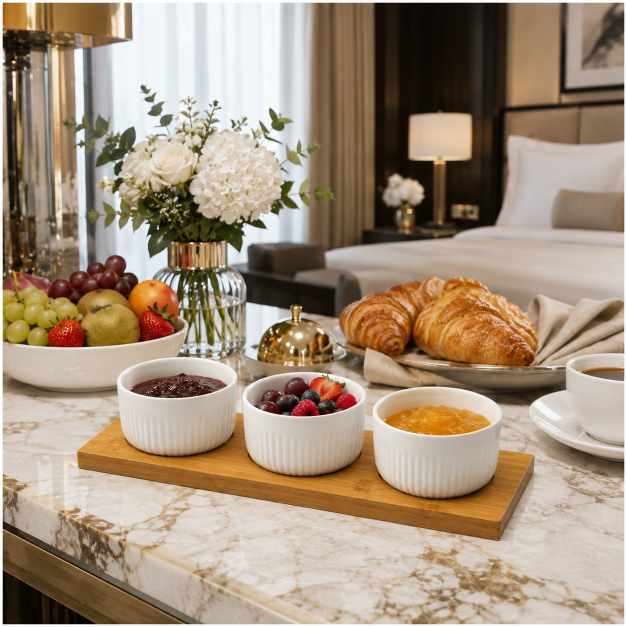 Elegant 4 Piece Bamboo Tray and Ceramic Pastry Bowls -Classic Serveware Set