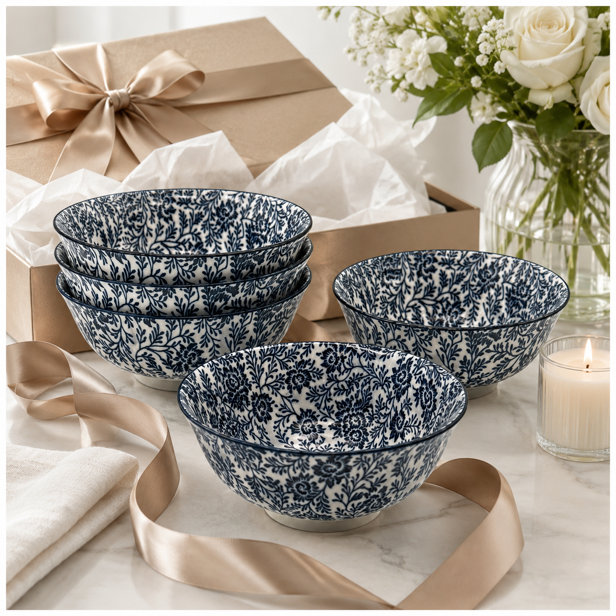 Elegant 5-Piece Blue Floral Fine Porcelain Bowl Set – Fine Dining - 16 cm