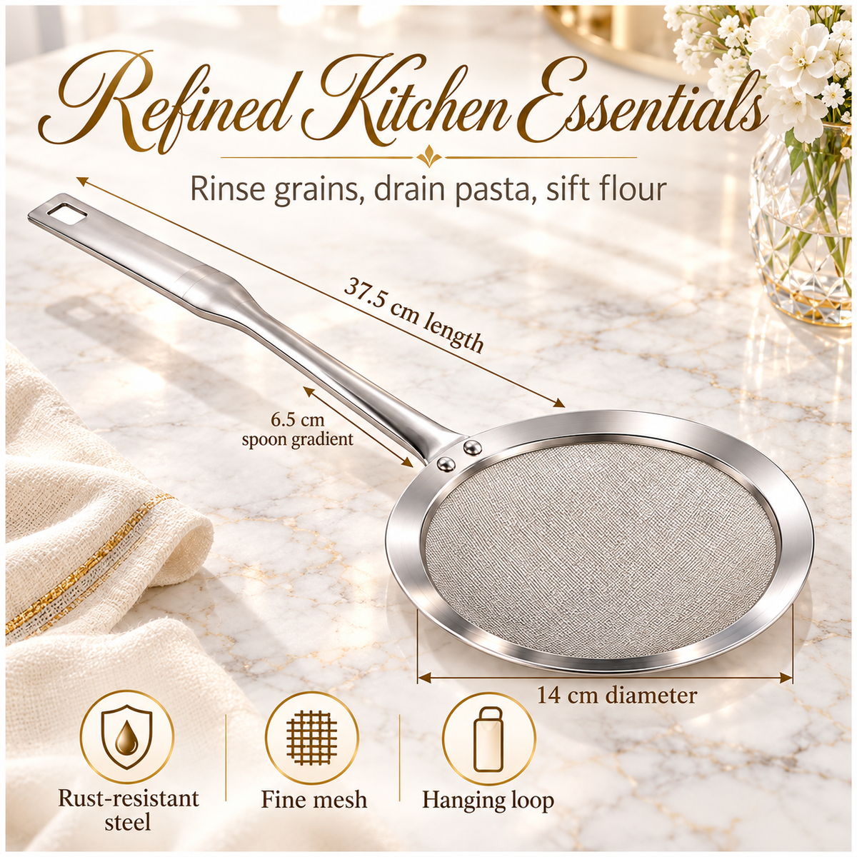 Stainless Steel Fine Mesh Strain Skimmer with Long Flat Handle – Silver