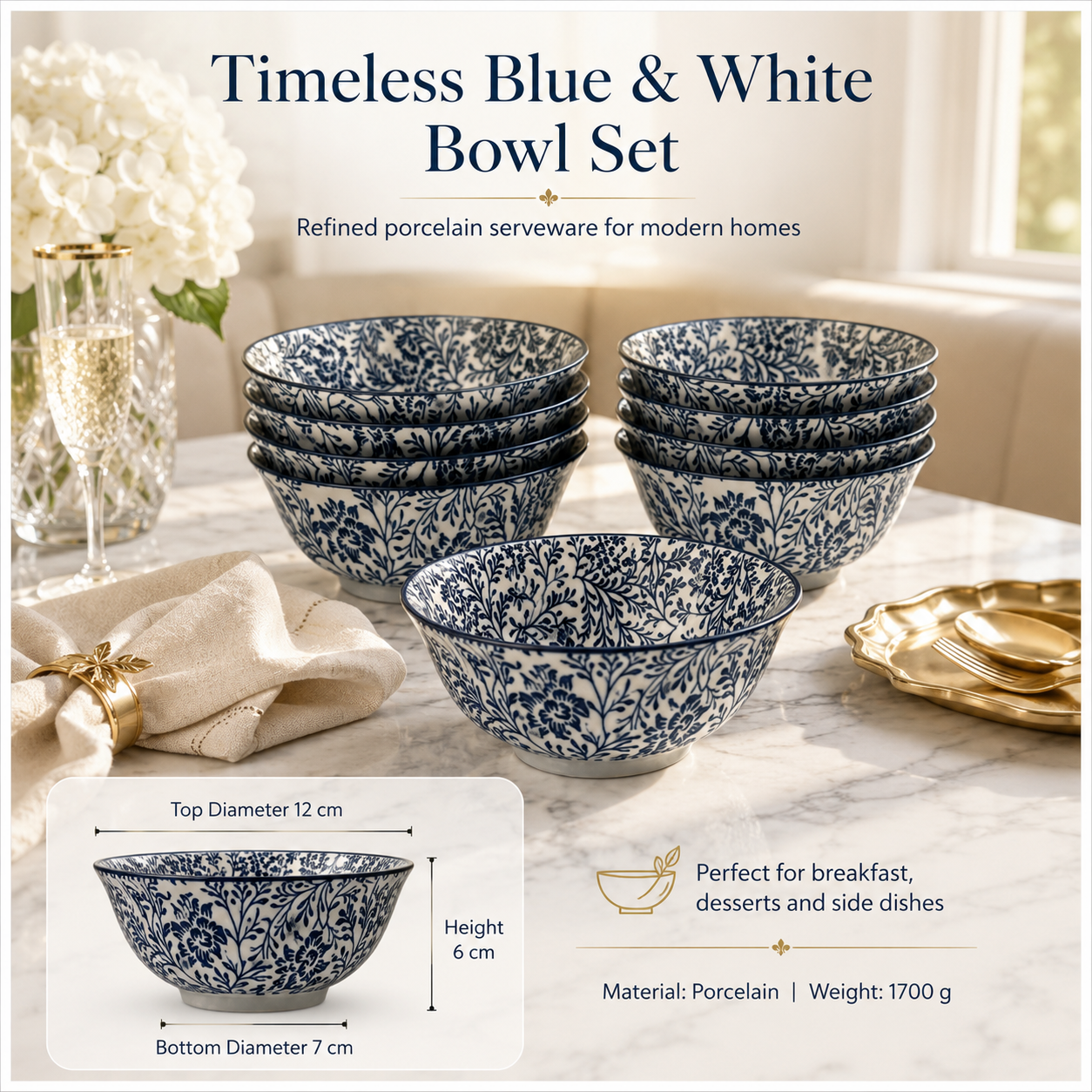 Elegant 10-Piece Blue White Porcelain Bowl Set - Beautiful Floral Serveware