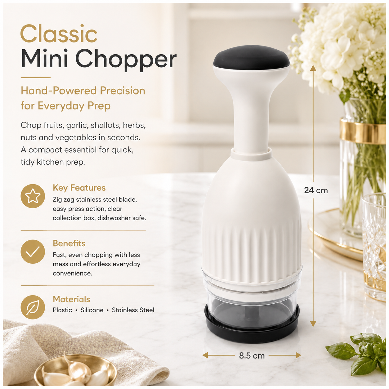 Essential Hand-Powered Compact Food Chopper – 8.5 x 24cm