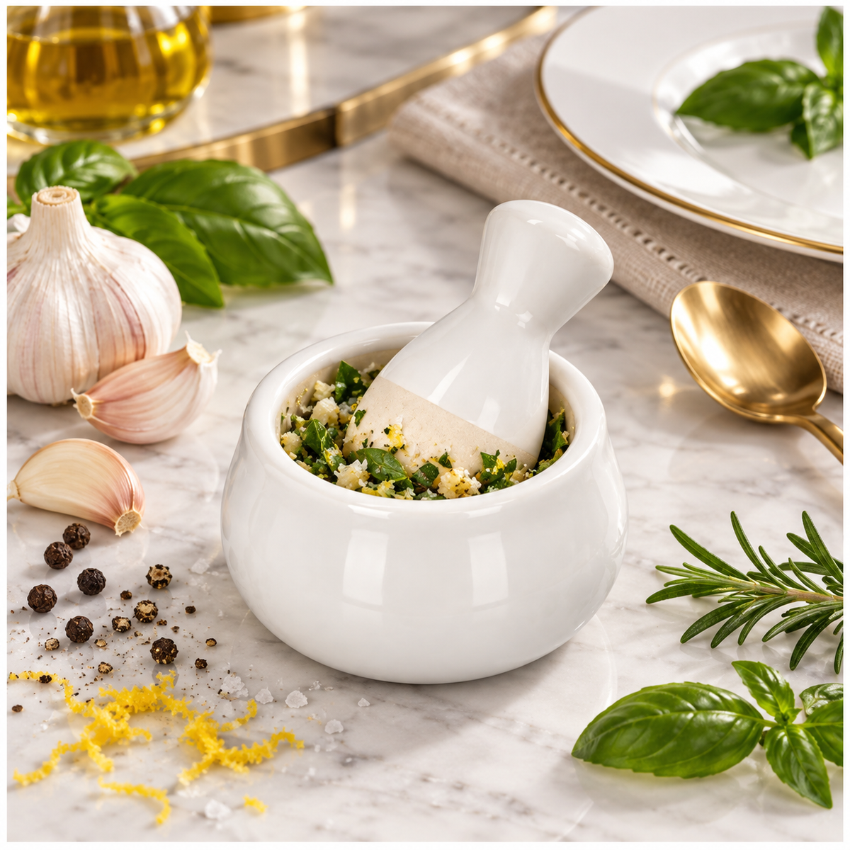 Mini Ceramic Mortar and Pestle Set - White Cream - Herb and Spice Grinder