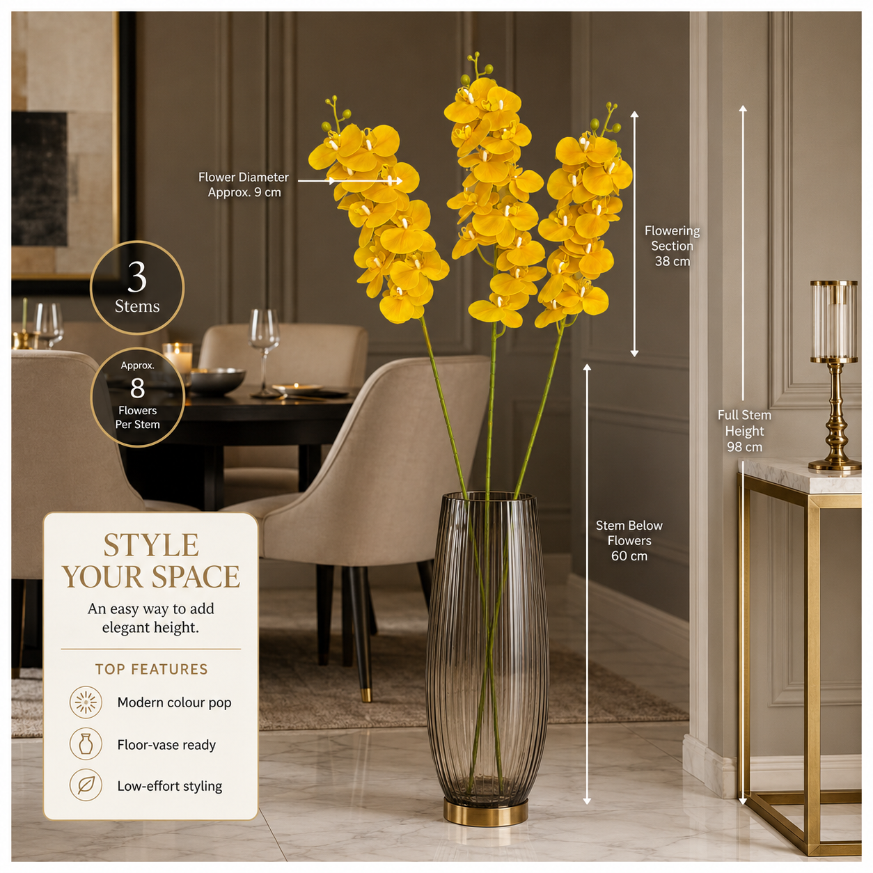 3-Piece Elegant Orchid Flower Stem Set – 98cm Tall, Modern Floral set