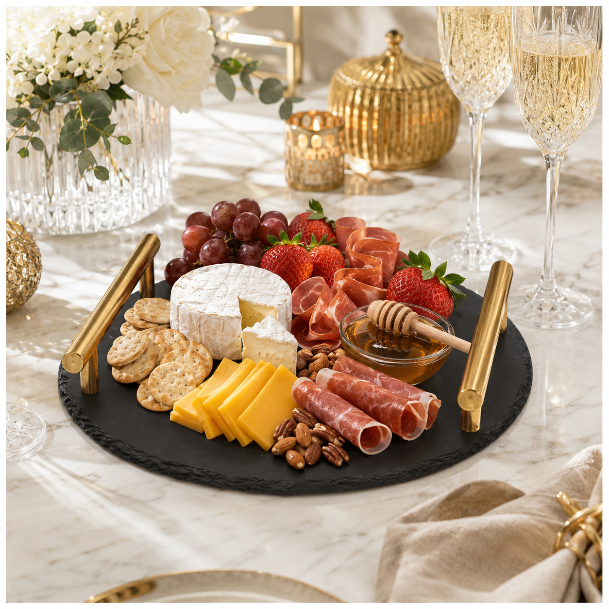 Midnight Slate Round Serving Tray With Metallic Gold Handles