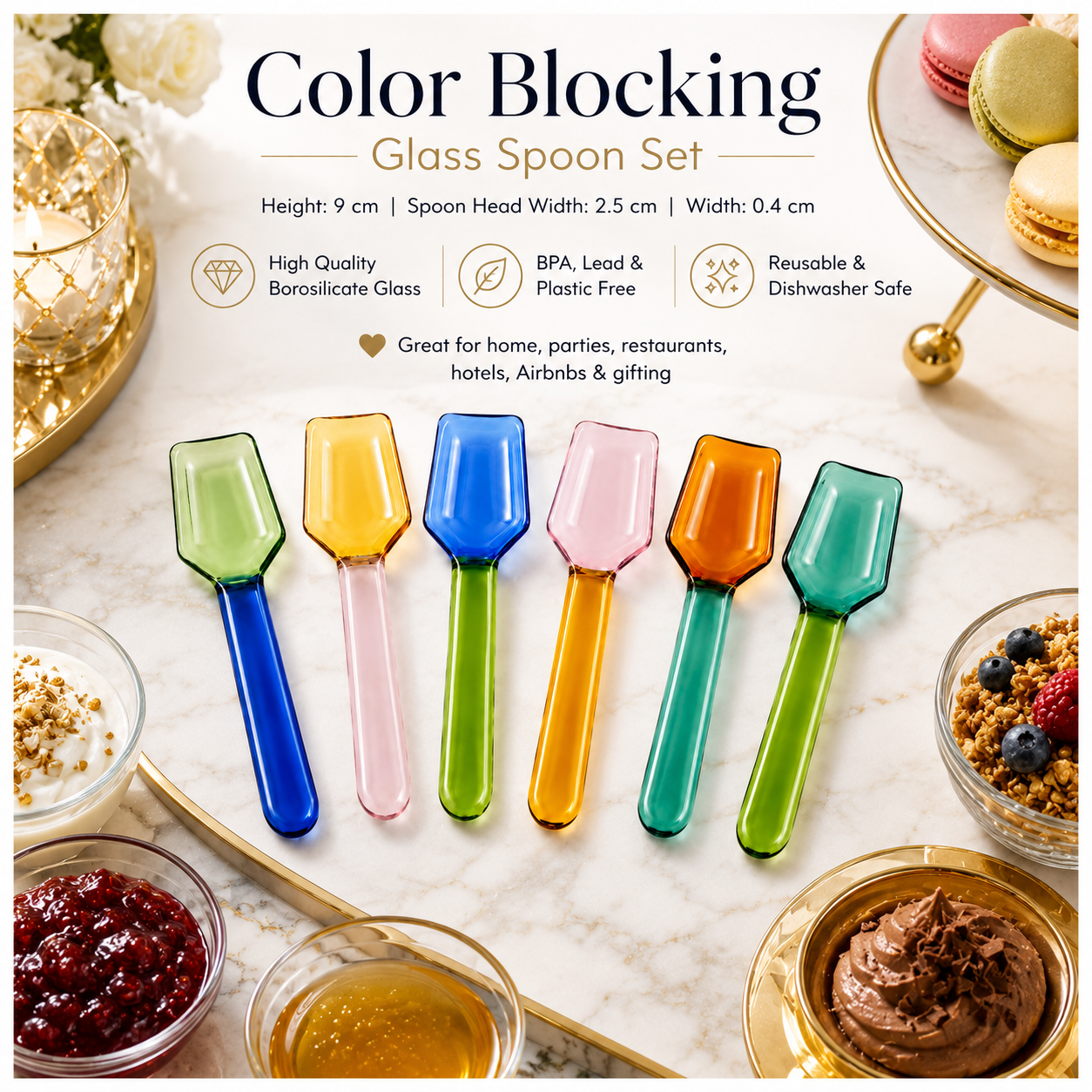 High Quality BPA Free-Color Blocking Borosilicate Glass Spoon-Set of 6- 9cm