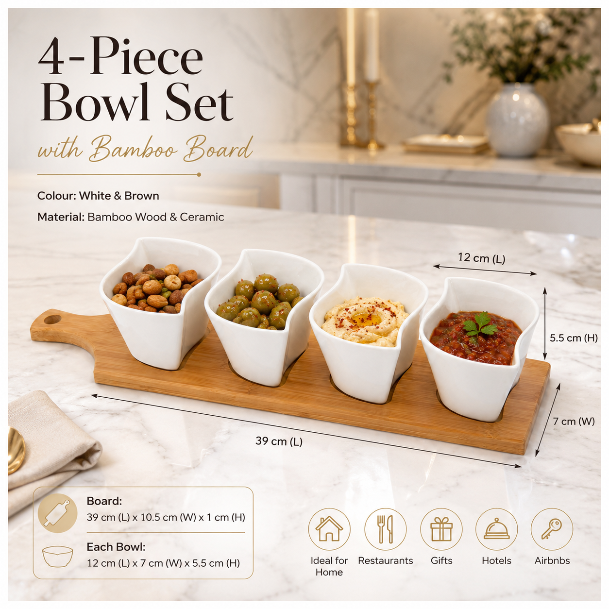 Elegant Ceramic Dipping Bowl Set with Bamboo Serving Paddle Board –