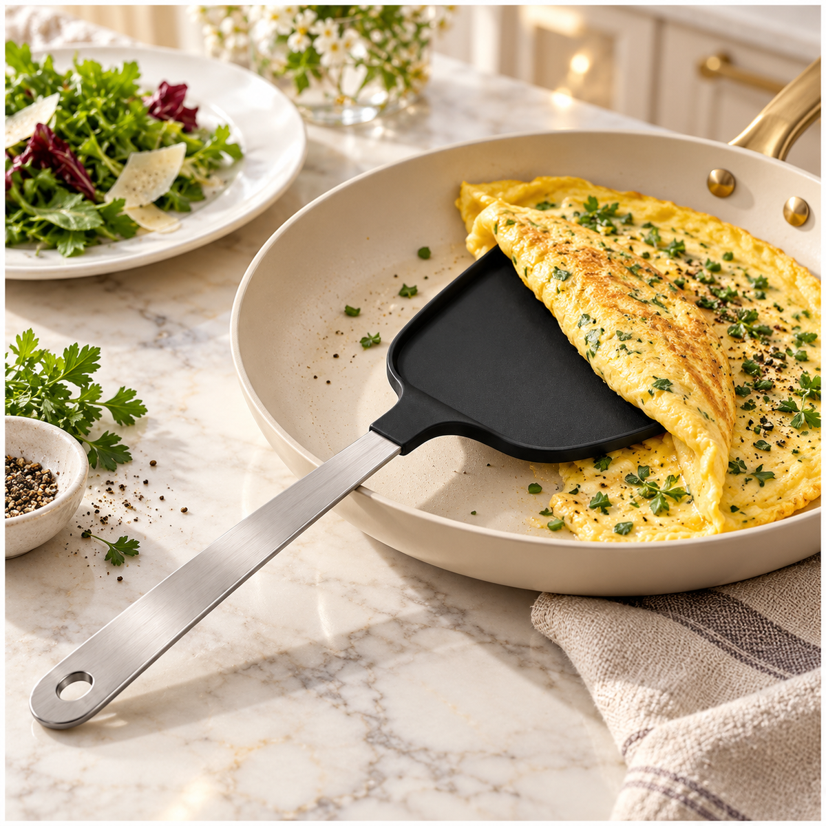 Wide Pancake Turner Spatula–Flexible Head and Stainless Steel Handle, 32 cm