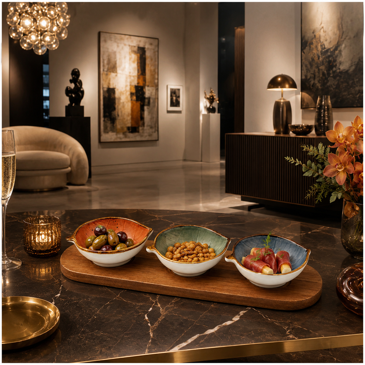 Elegant 4-Piece Leaf Bowl Serveware Bowls Set With Acacia Board - 33 cm