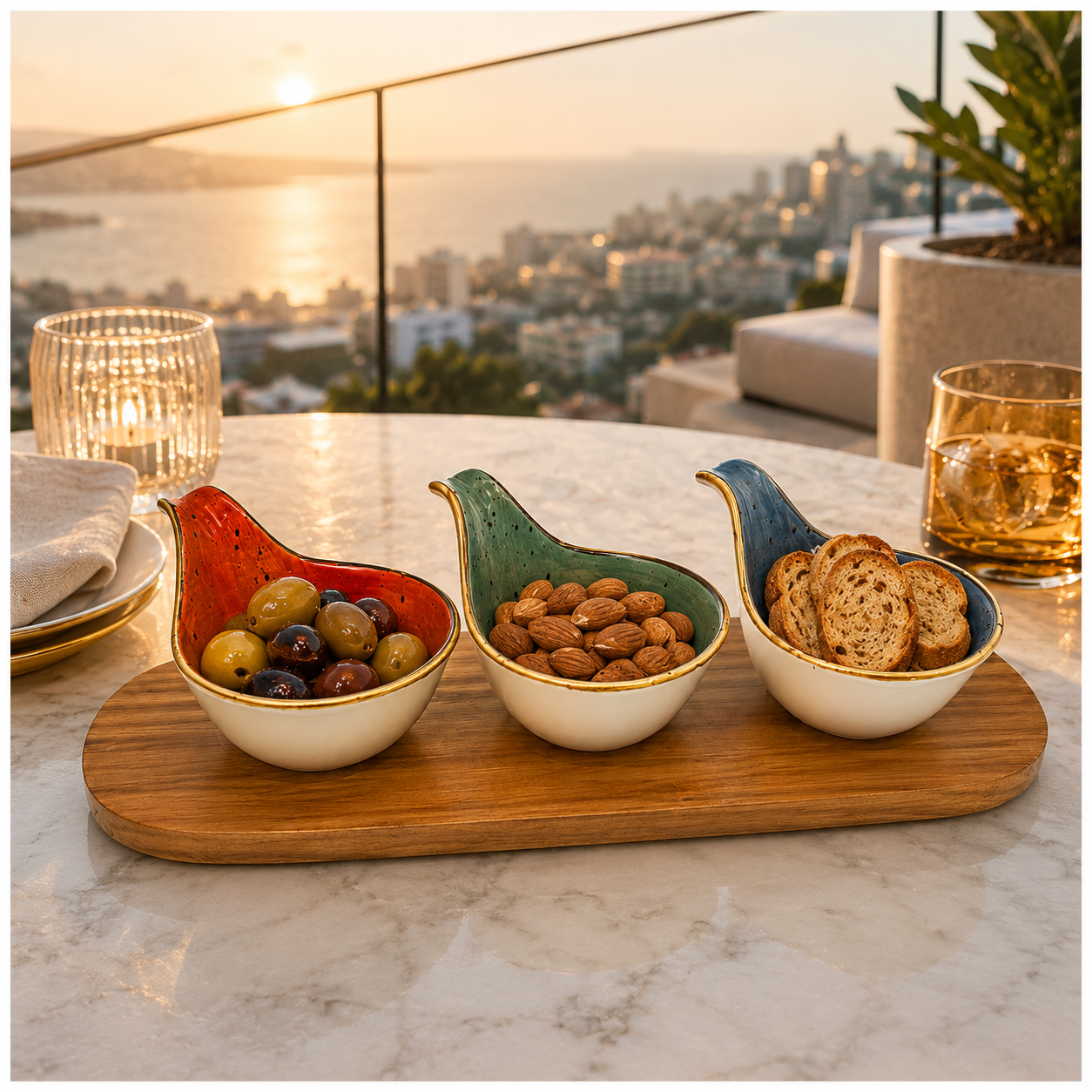 Beautiful 4-Piece Ceramic Snack Serving Bowl Set with Acacia Wood Board