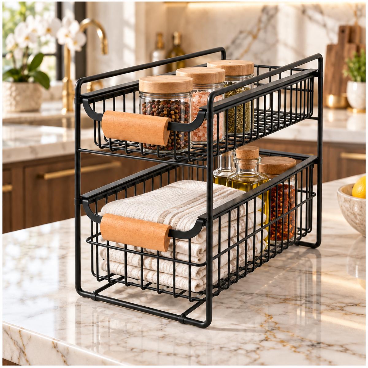 2-Tier Iron Drawer Organiser with Beechwood Handles for Convenient Storage
