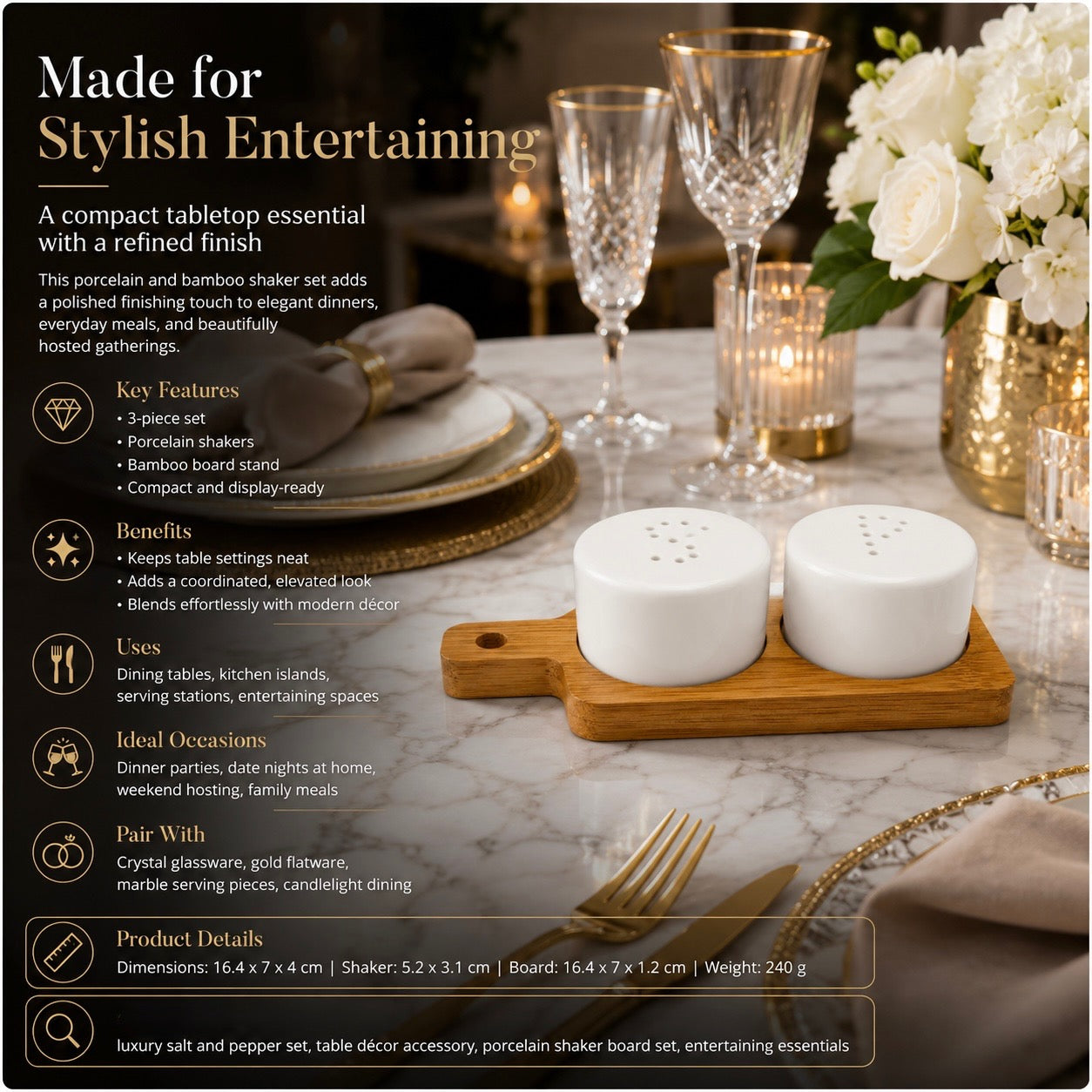 Classic Salt and Pepper Shakers with Bamboo Board – 3 Piece Porcelain Set