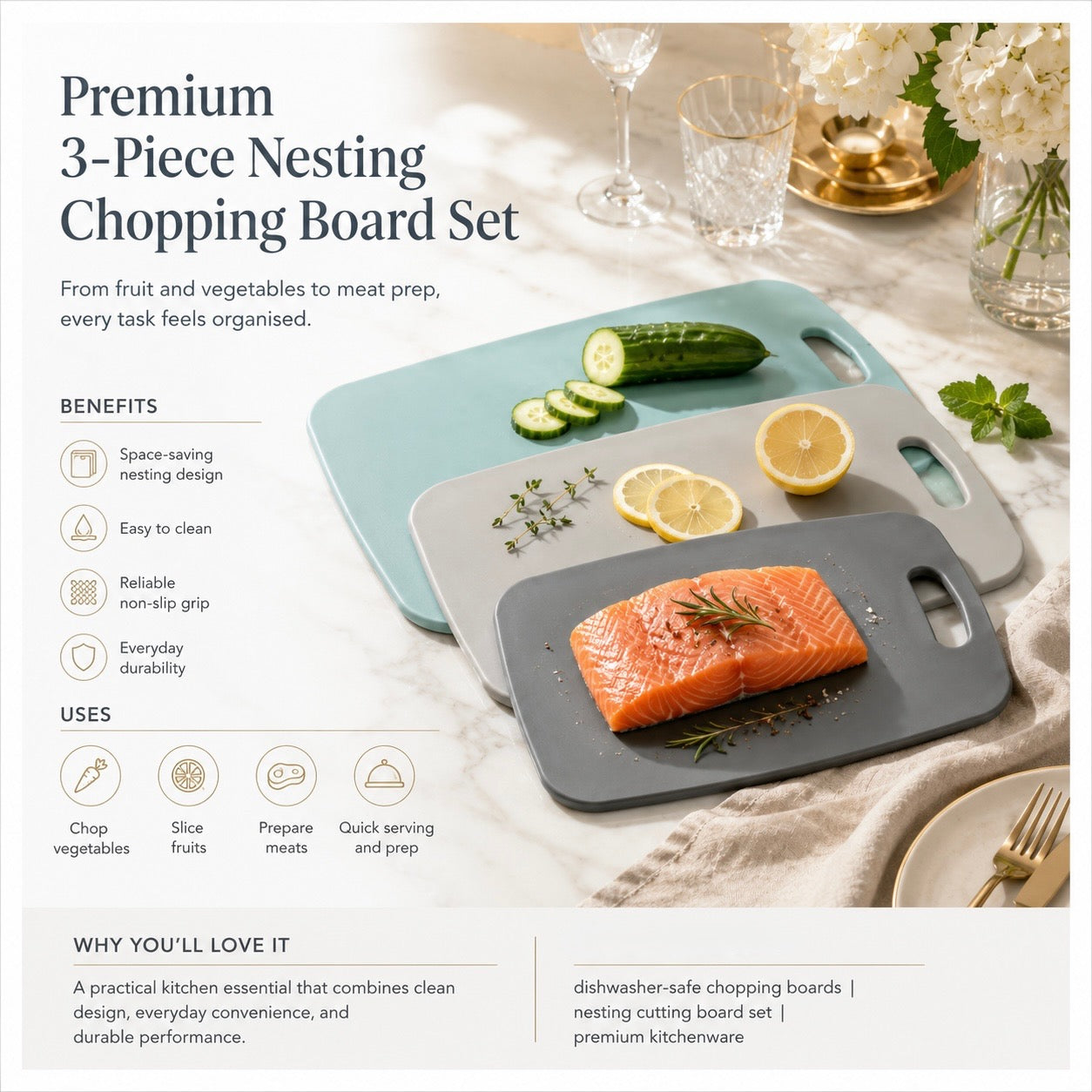 3-Piece Nesting Chopping Board Set – Food-Safe - Non-Slip - Dishwasher Safe